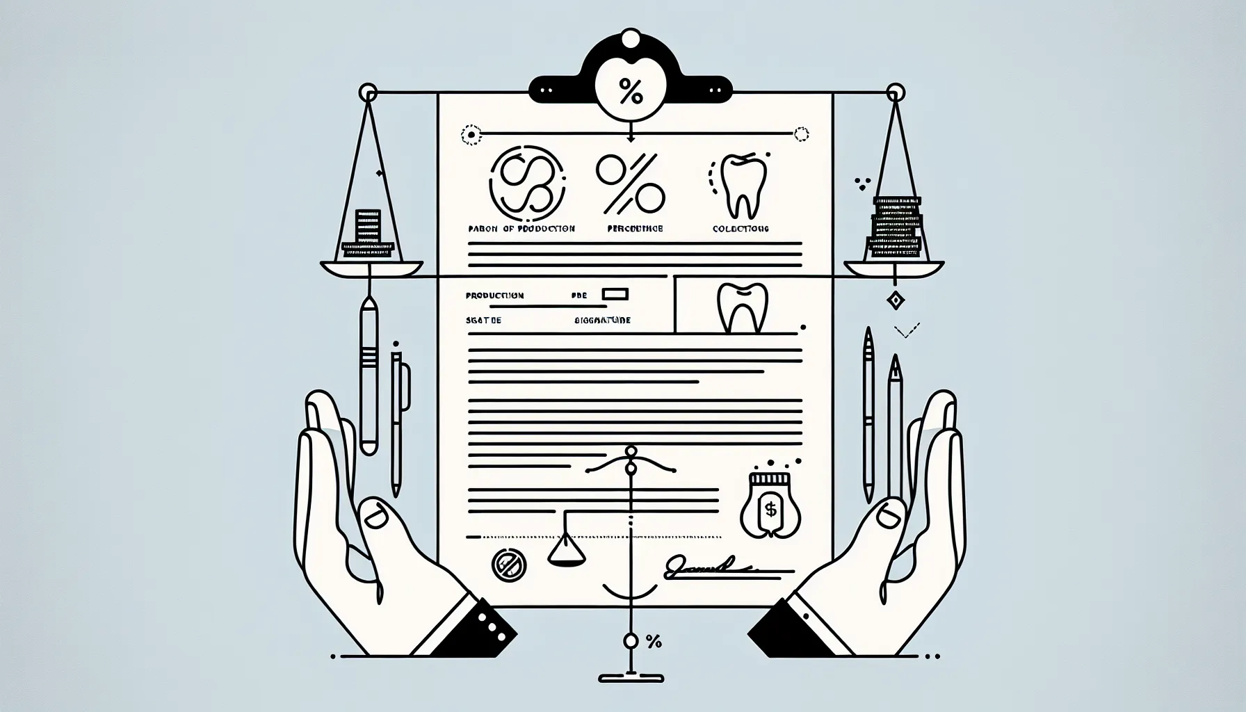 Hands holding a dental contract with icons for production, collections, and a MA map.