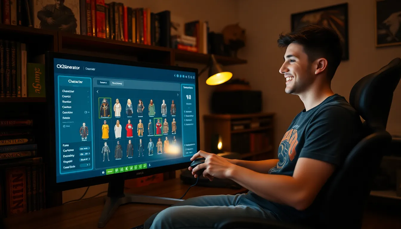 A young man using CK2Generator on his computer to create game characters.