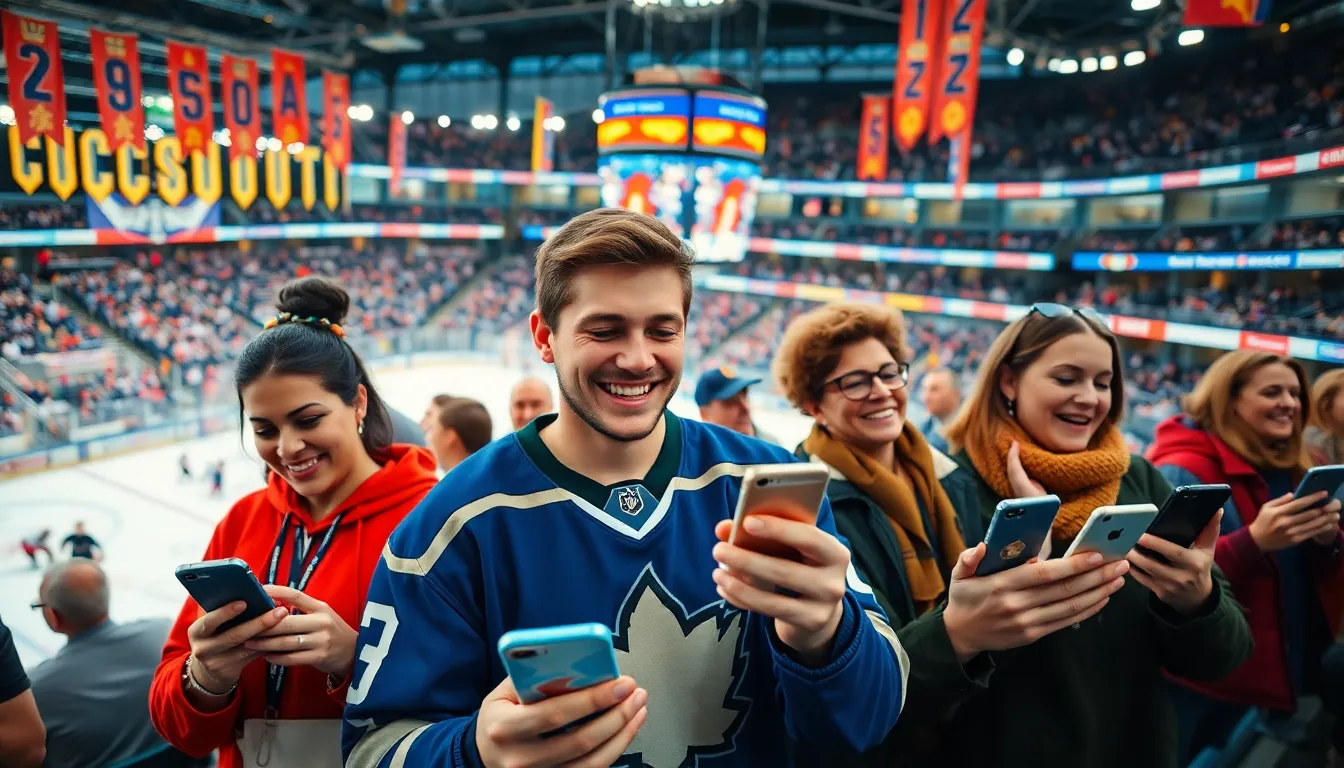 hockey fans in an arena checking updates on LatestSportsBuzz.