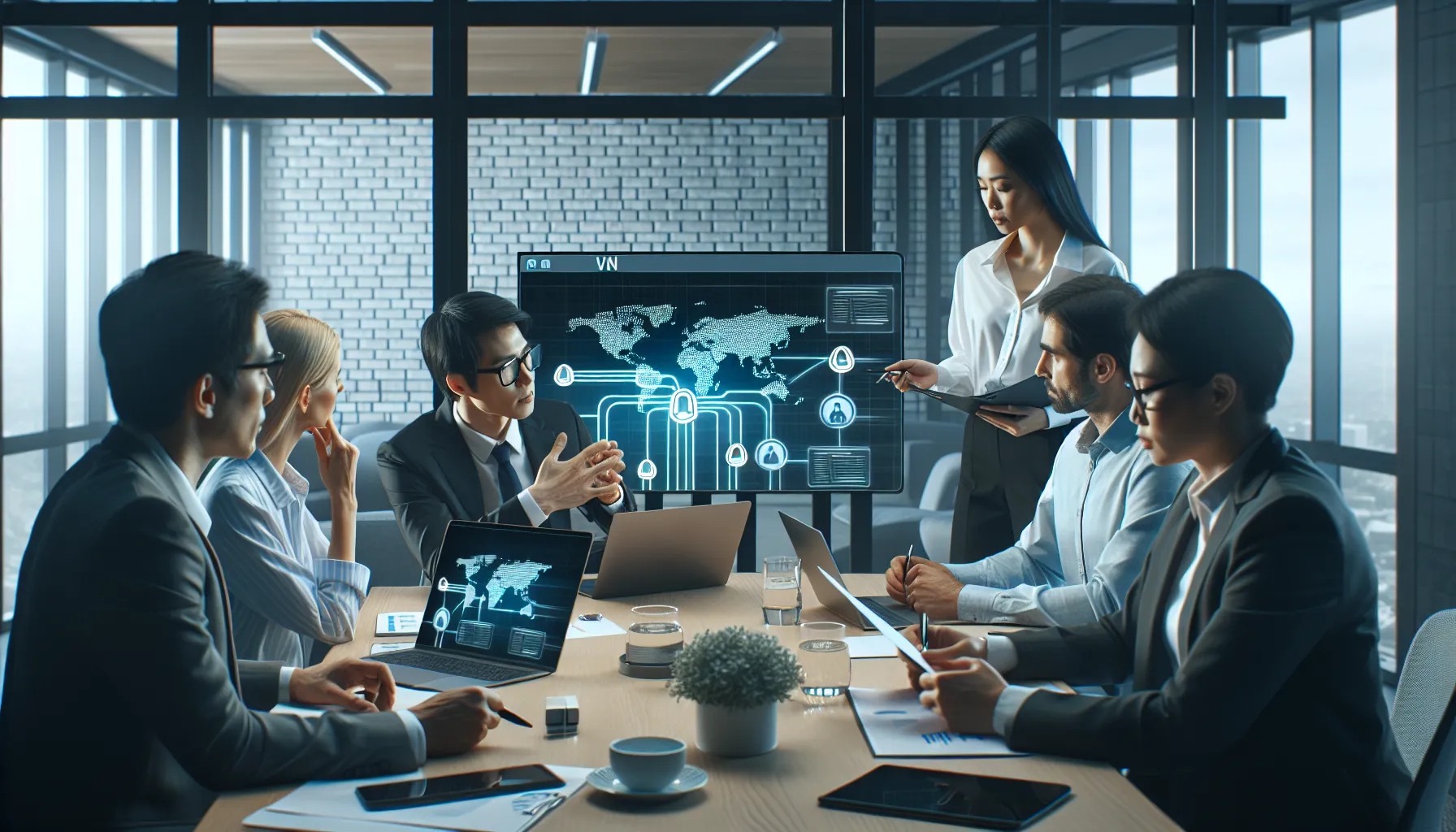 diverse team discussing cybersecurity strategies around a modern conference table.