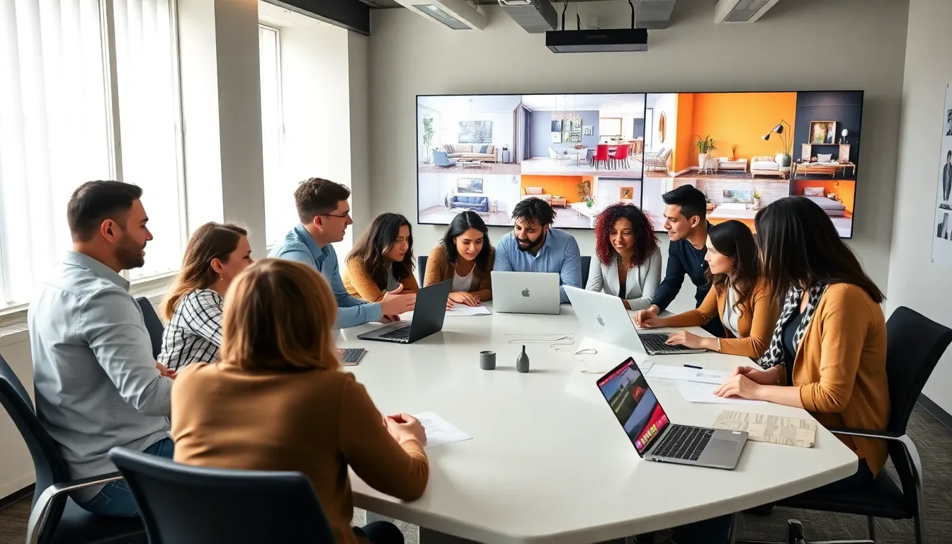 diverse group discussing interior design in a modern office.