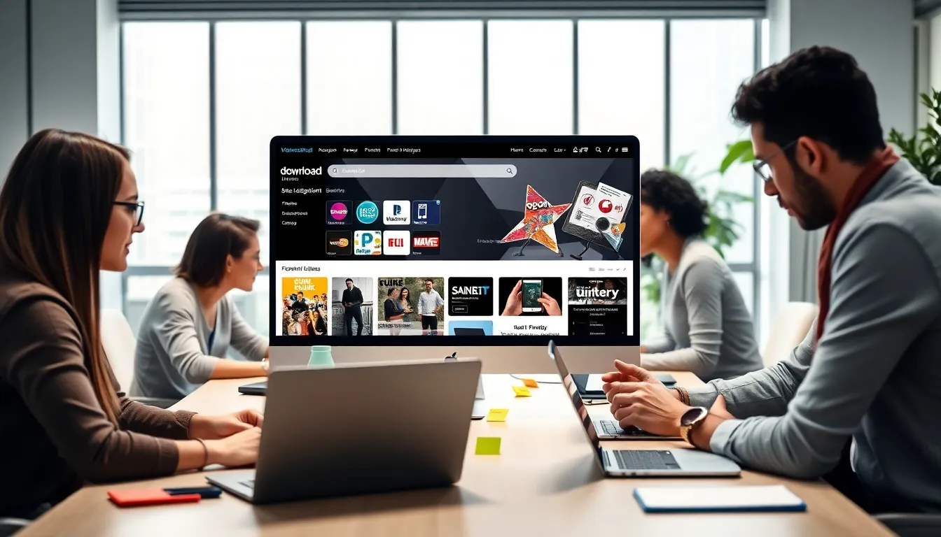 professionals collaborating in a modern office focused on Downloadhub.com.