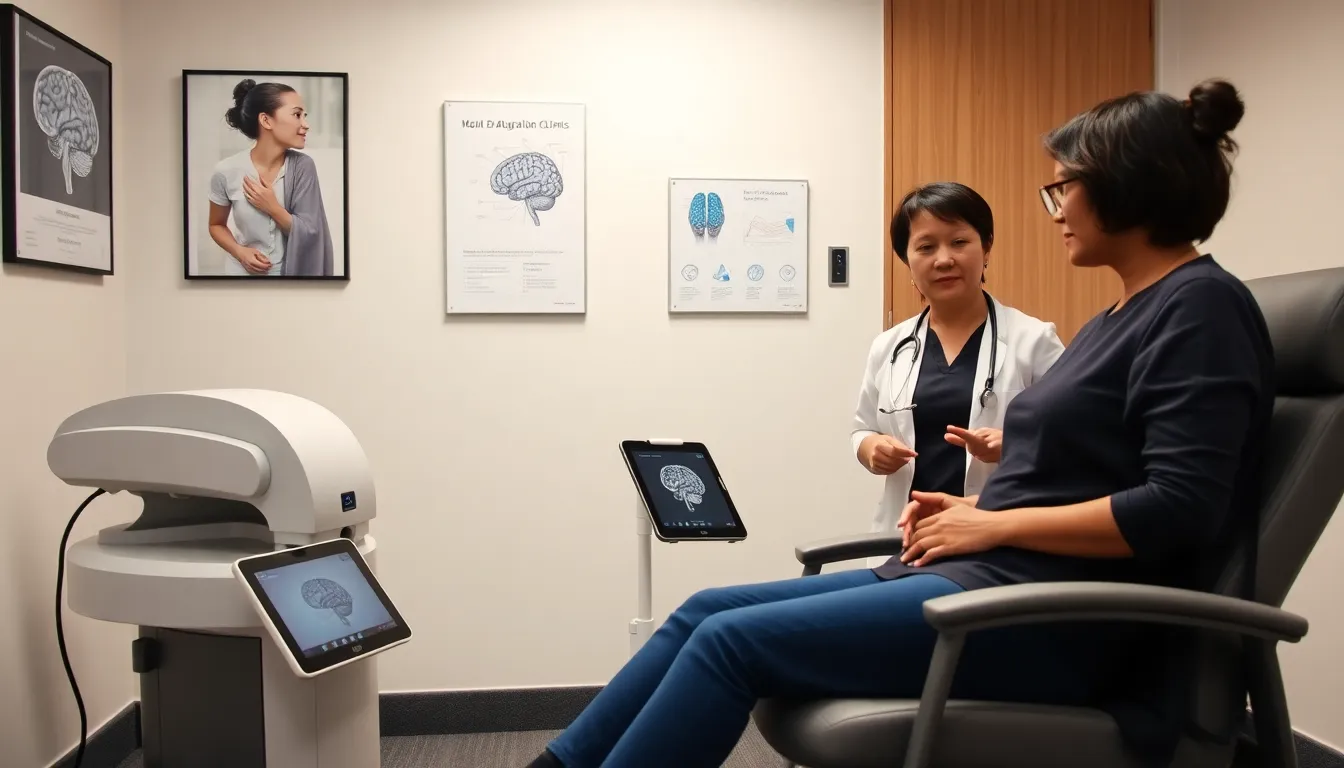 Clinician explains TMS procedure to patient in a modern Australian clinic.