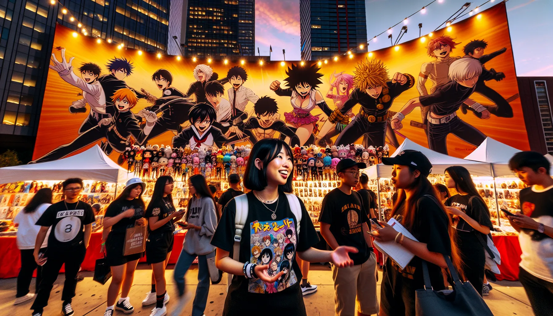a lively anime festival celebrating Demon Slayer with diverse fans and merchandise.