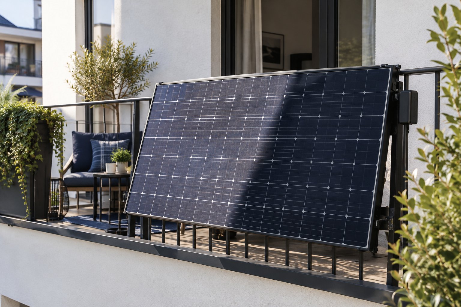 Wandernder Schatten eines Balkongeländers auf einem Solarmodul bei Sonnenschein
