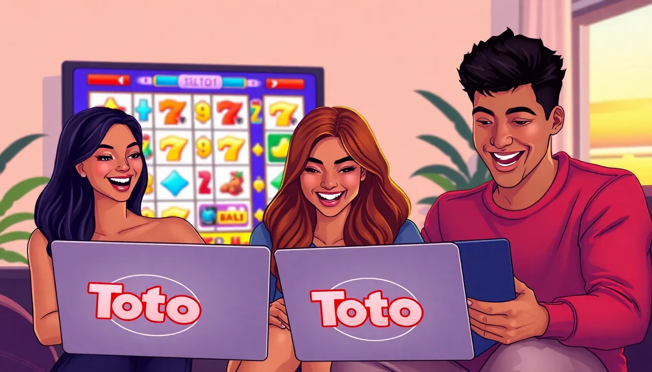 diverse players enjoying Toto slots on their laptops in a cozy setting.