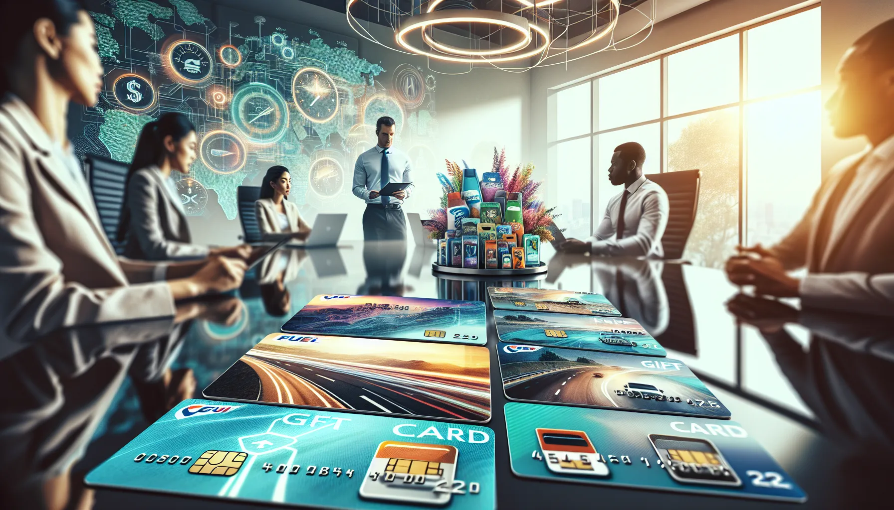 Speedway gift cards on a table with professionals discussing their policies.