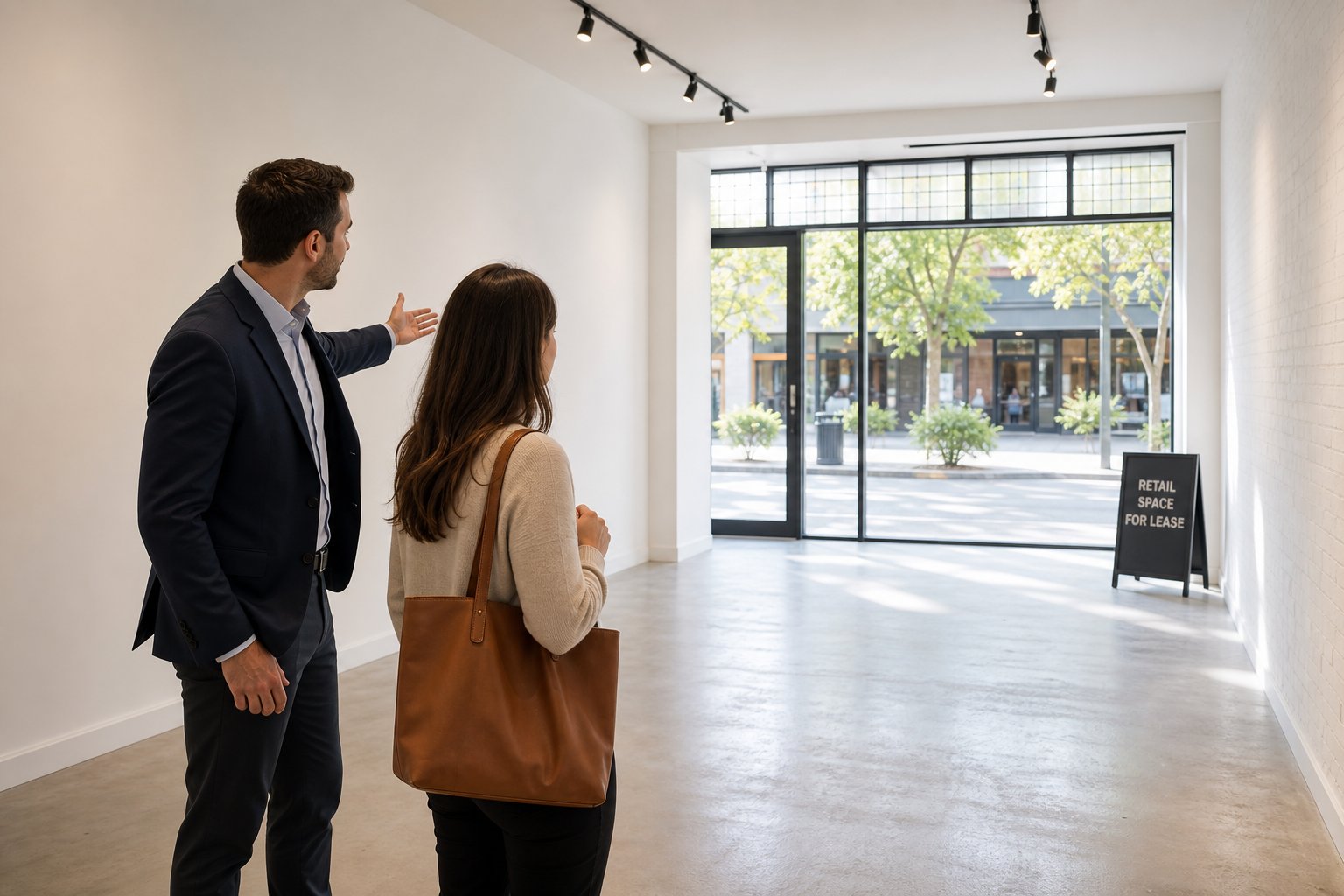 Commercial mortgage broker and client viewing an empty retail unit with large front windows.