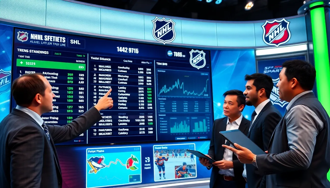 sports analysts discussing NHL standings in a modern studio.