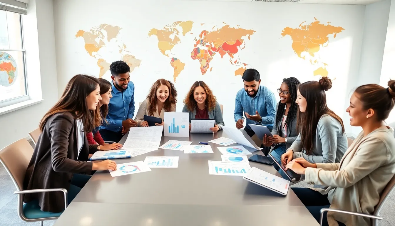 diverse students discussing global affairs in a modern classroom.