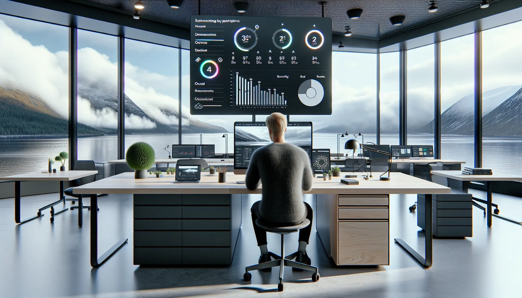 Norwegian it manager reviews cloud dashboard showing costs, scaling, security, and uptime.