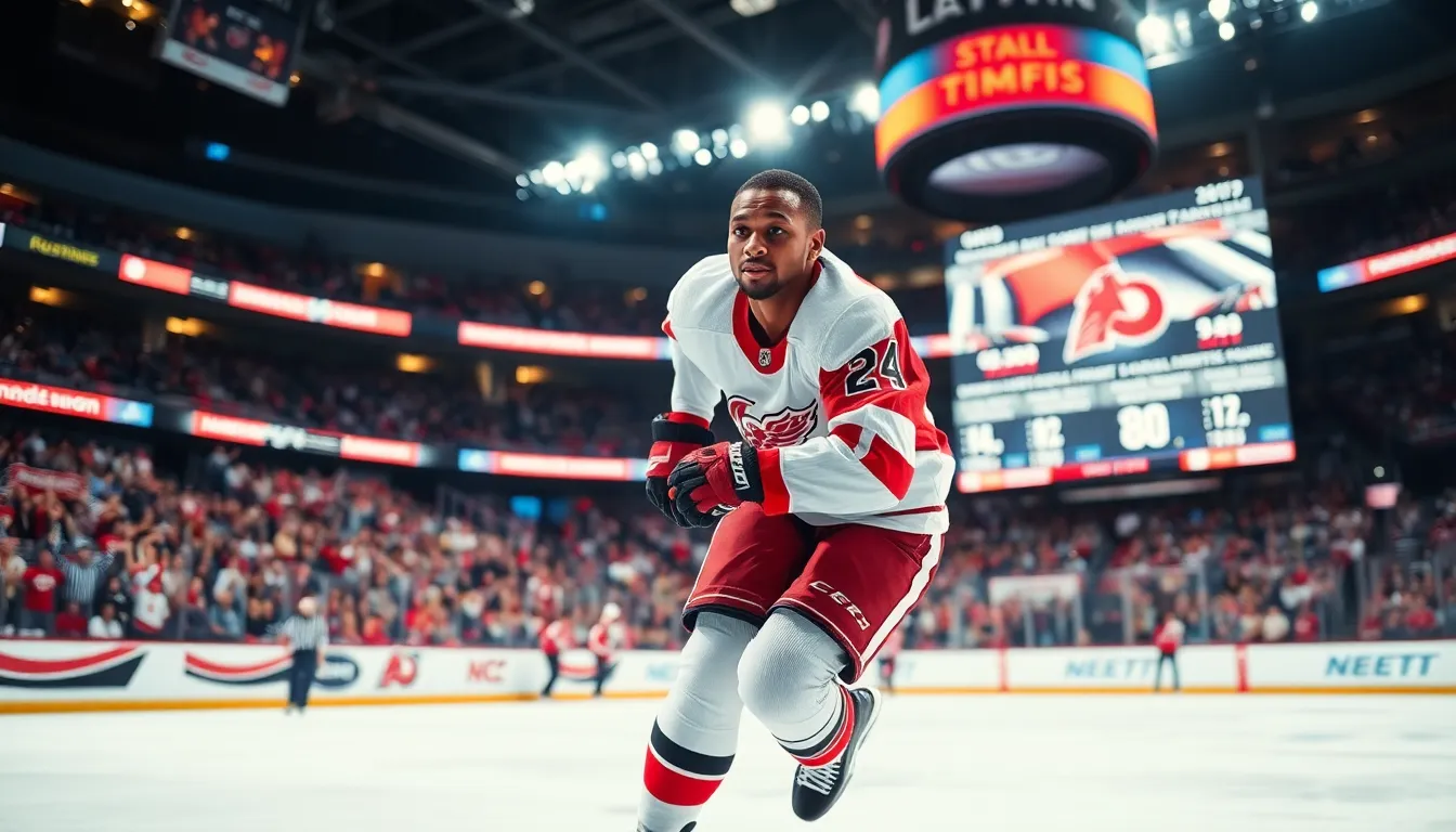 a young hockey player skating at high speed in a packed arena.