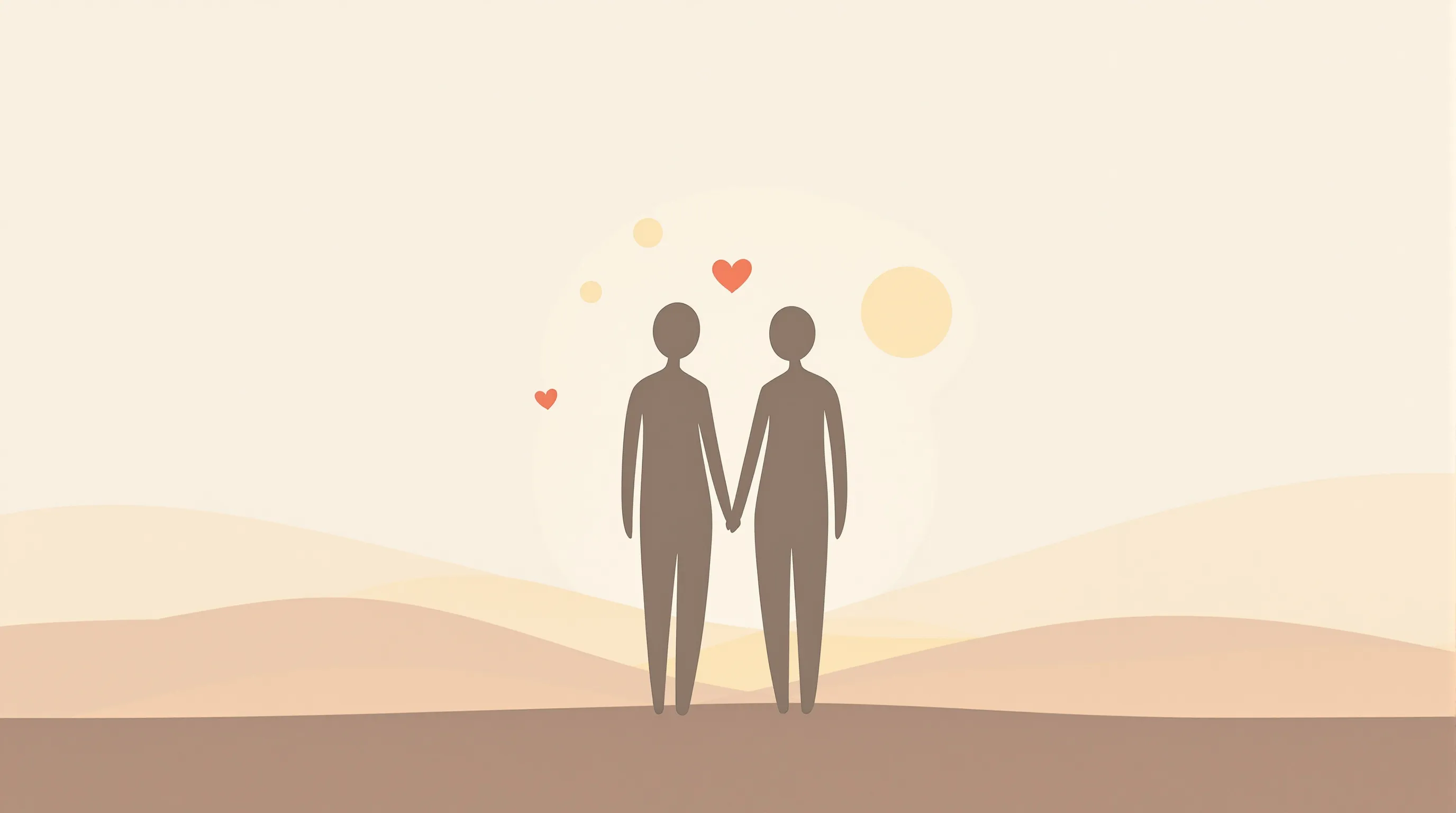 Two abstract silhouettes standing close together with minimalist heart shapes on clean background.