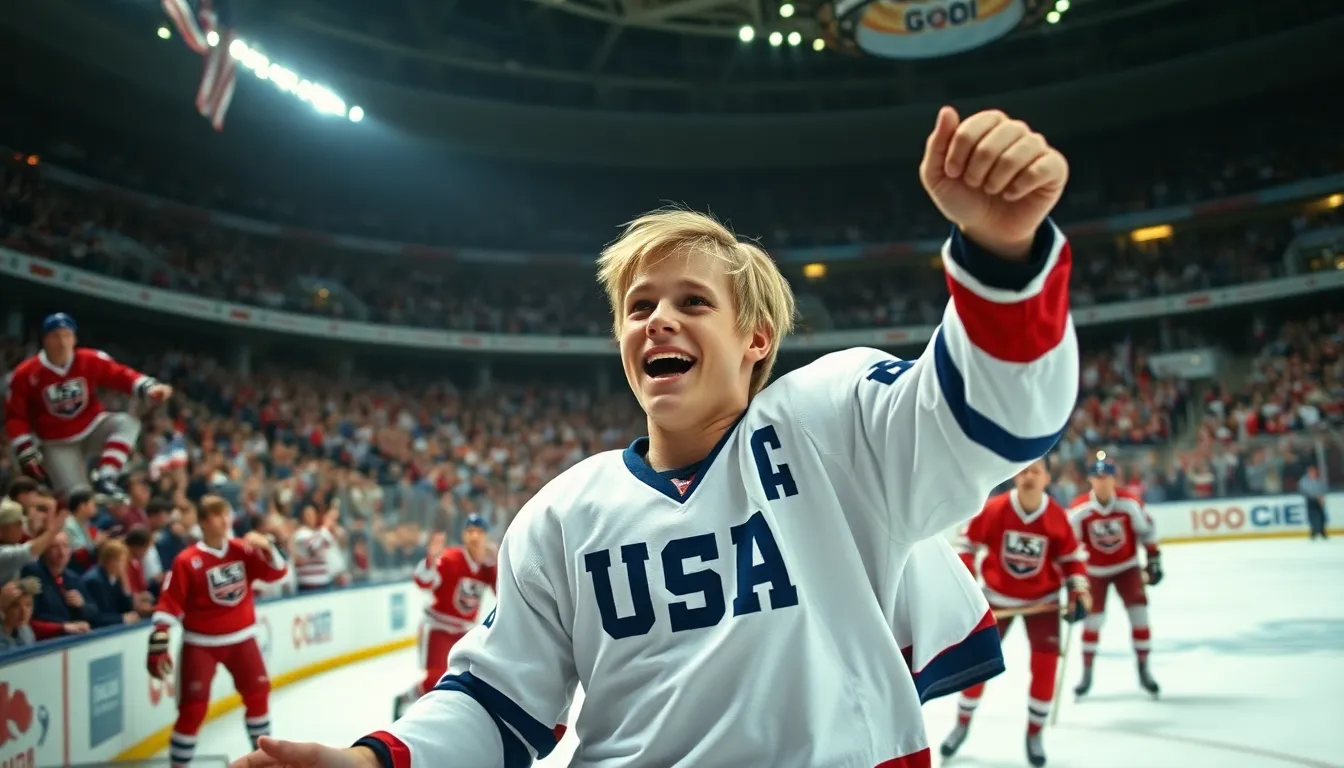 a young U.S. hockey player celebrating an unexpected victory against the Soviet Union.