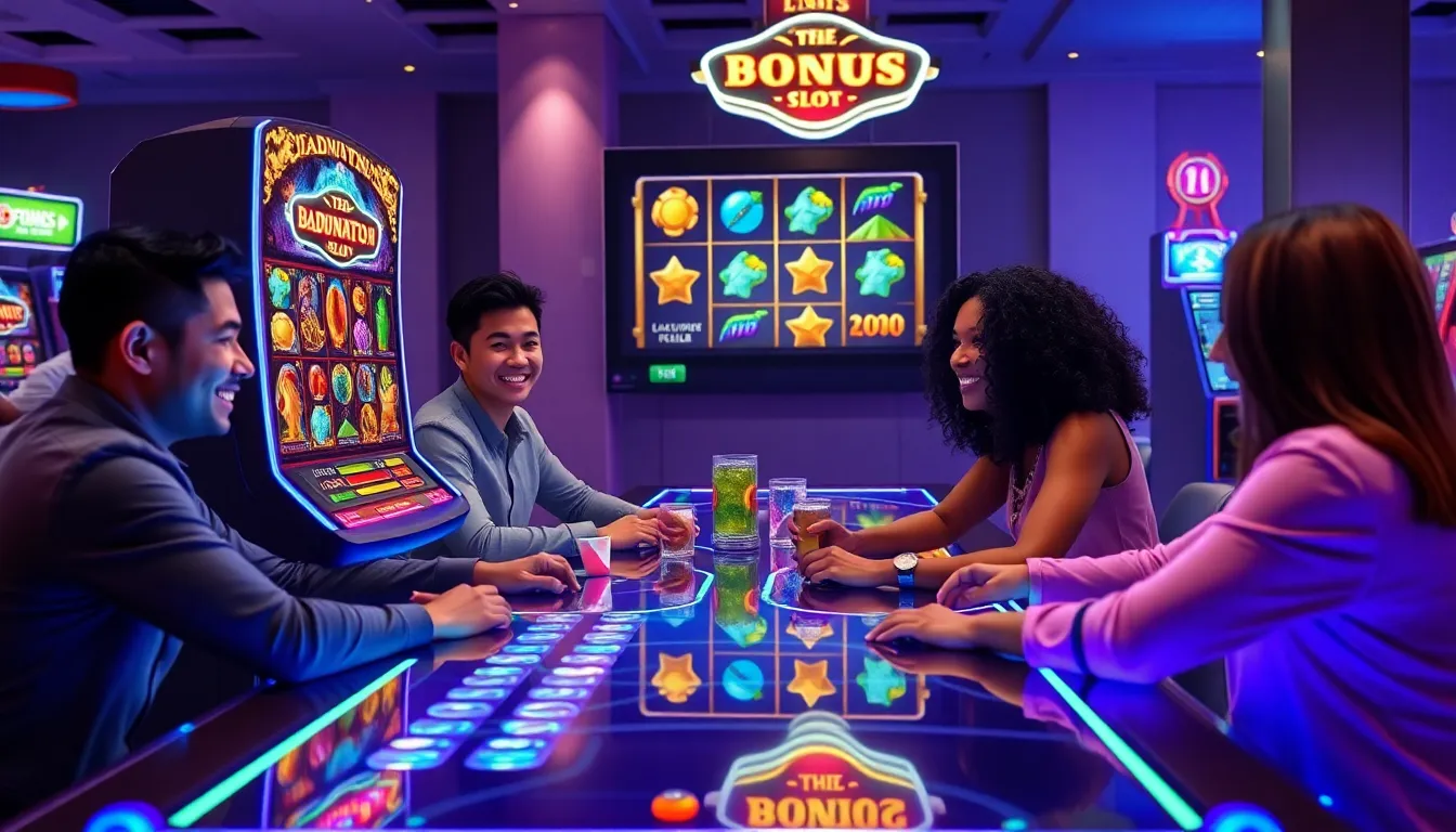 diverse players enjoying a colorful slot game together.
