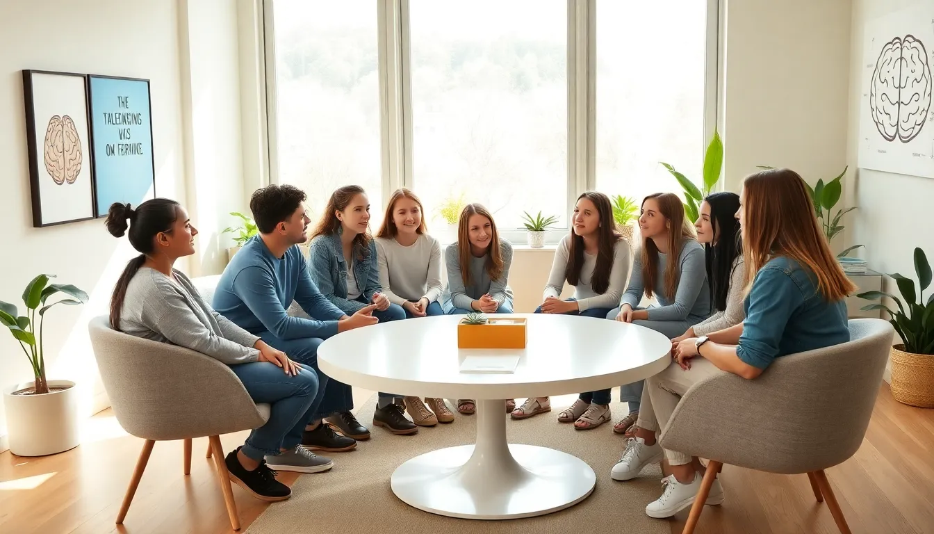 diverse teens in a modern counseling office discussing mental health.