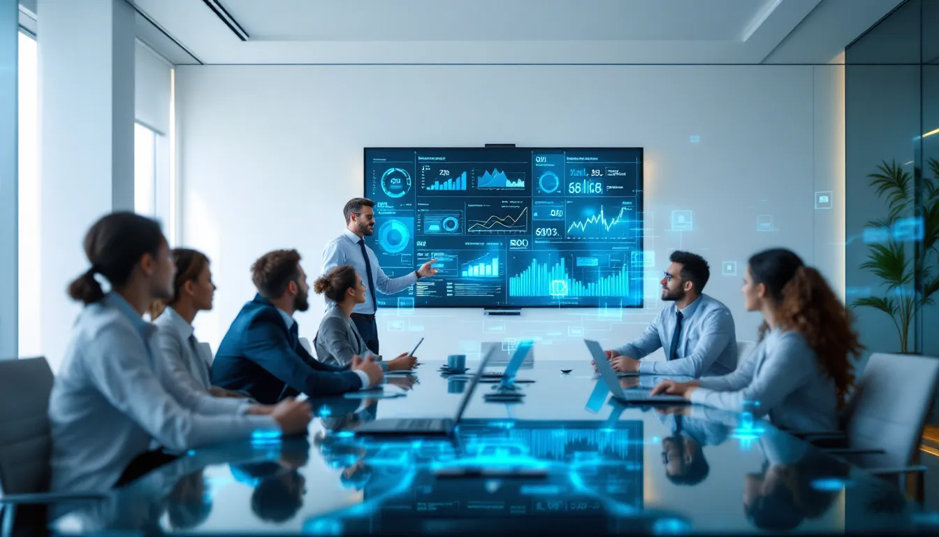 Business professionals collaborating with AI analytics dashboards in modern boardroom setting.