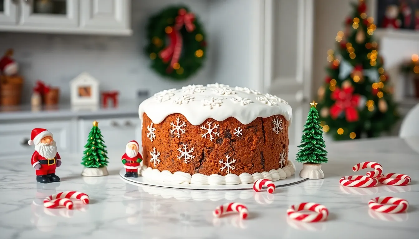 festively decorated Christmas fruitcake with marzipan figures.