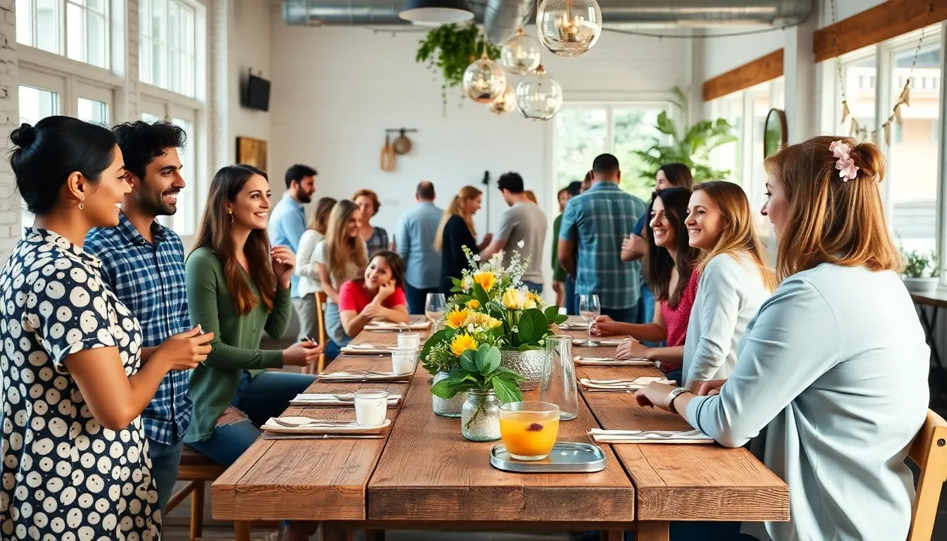 a creative and intimate thrifty event setting with diverse guests.