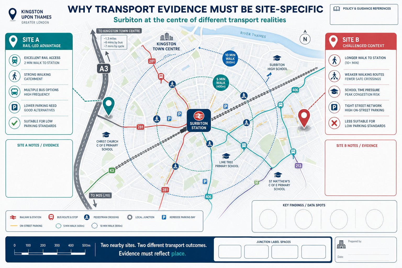 Infographic map showing Surbiton transport factors, local streets, rail, buses and parking conditions.
