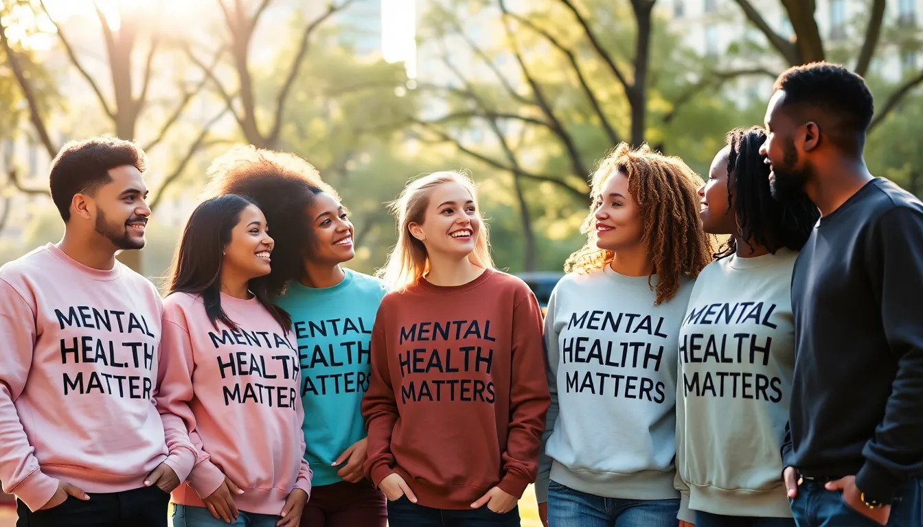 group wearing Mental Health Matters sweatshirts in a vibrant park.