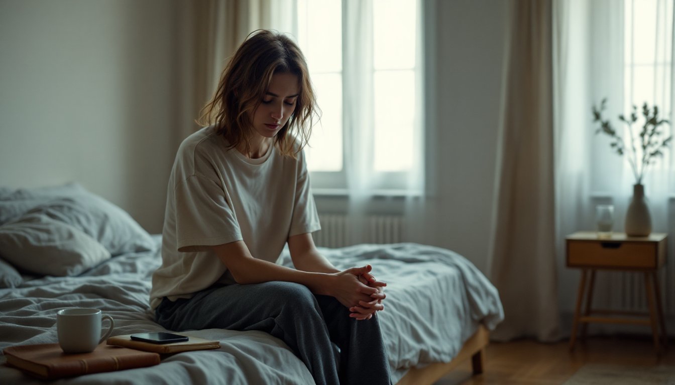 A woman sitting quietly on her bed in soft morning light, looking reflective.