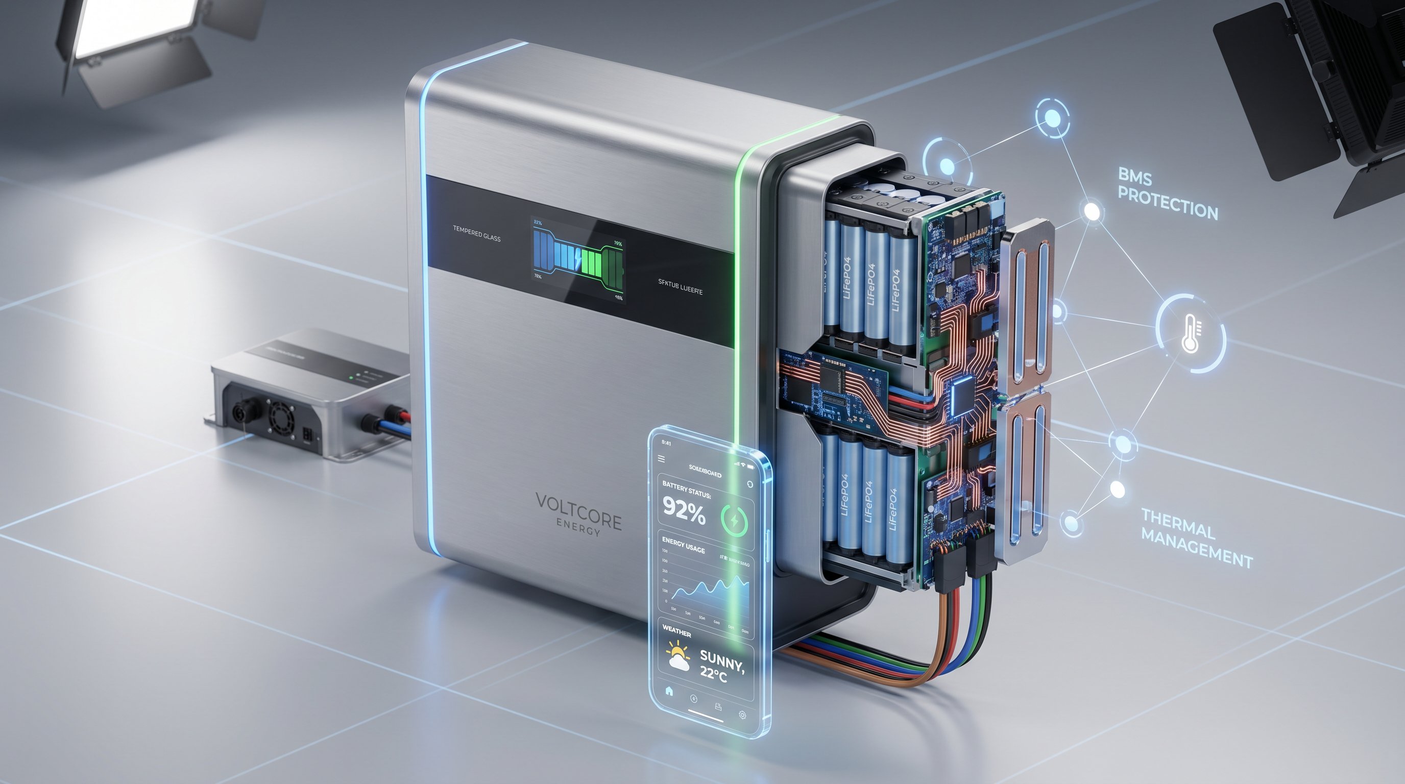 3D render of modern home power storage battery system with cutaway showing internal components.