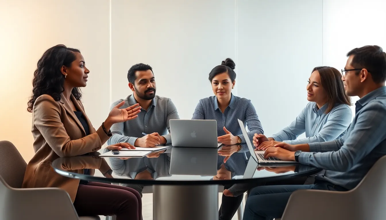 diverse team discussing relationship dynamics in a modern office.