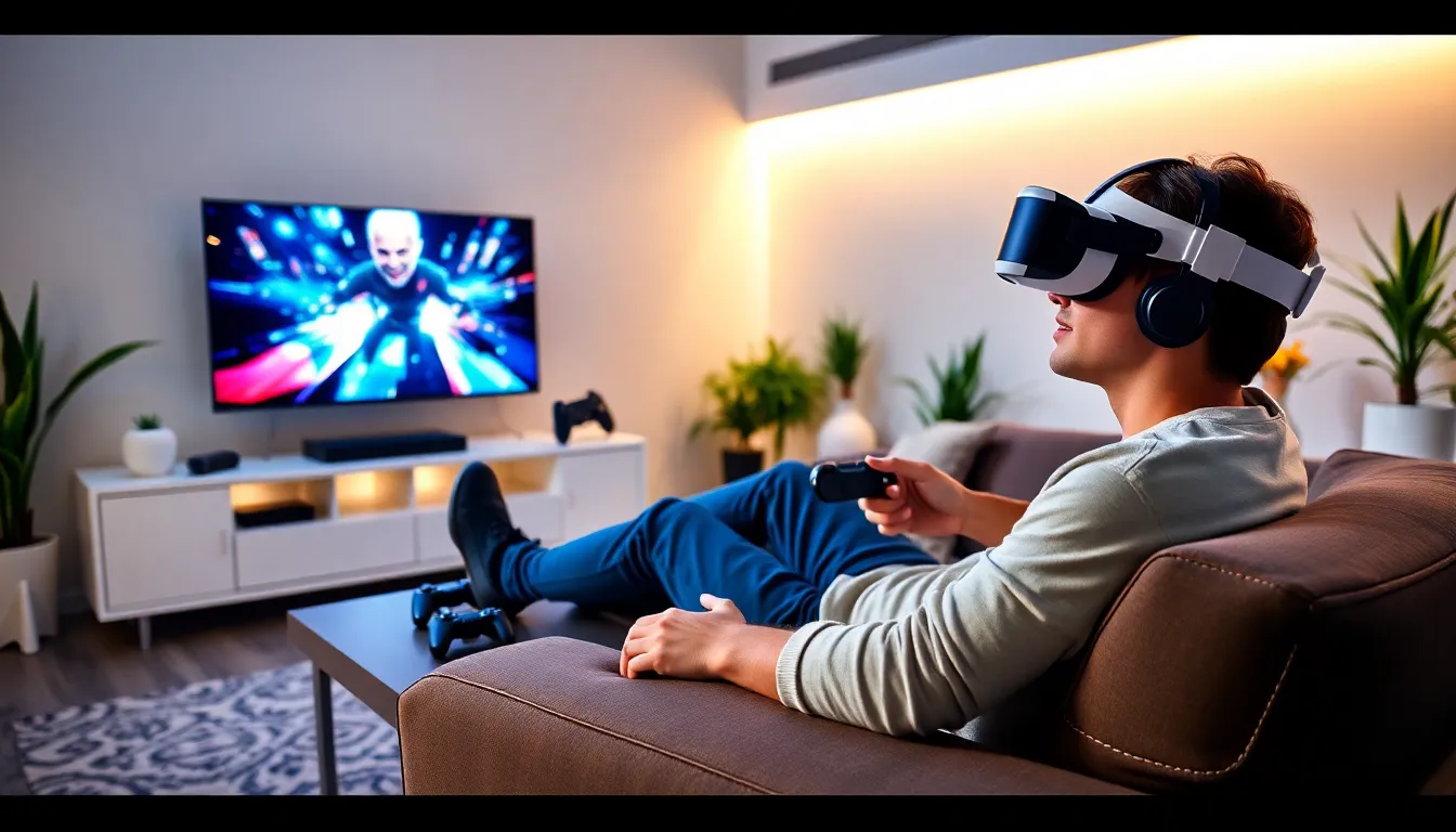 gamer using PlayStation VR in a modern living room setting.