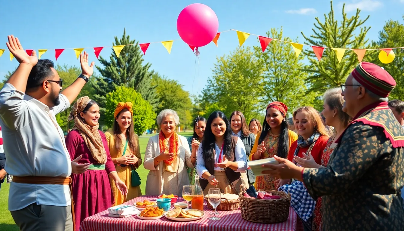 diverse group celebrating Babemashek in a festive outdoor setting.