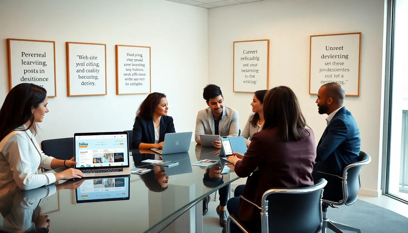diverse professionals collaborating on career development tools in a modern office.