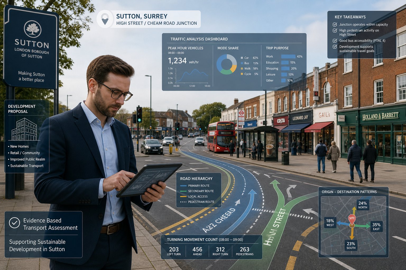 Traffic engineer assessing a local Sutton street and junction for development planning.