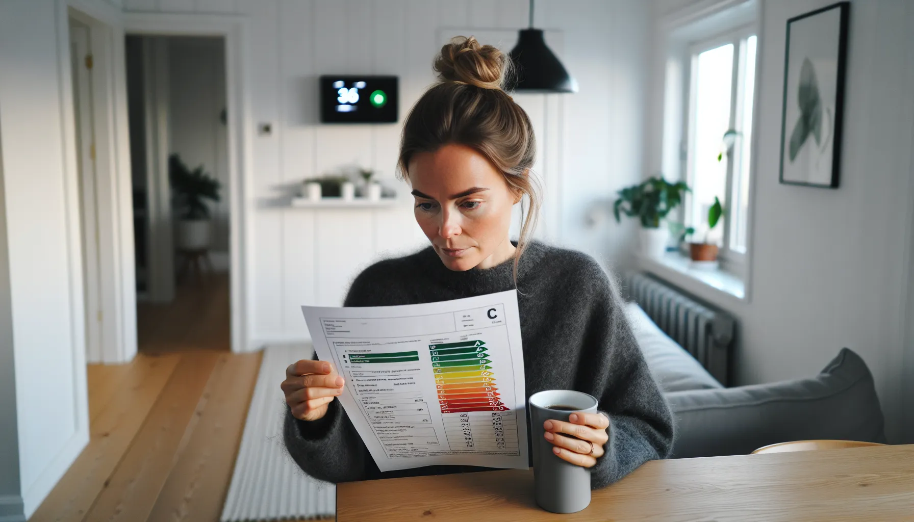 Norwegian homeowner reading energy label with a–g scale and green heating bar.