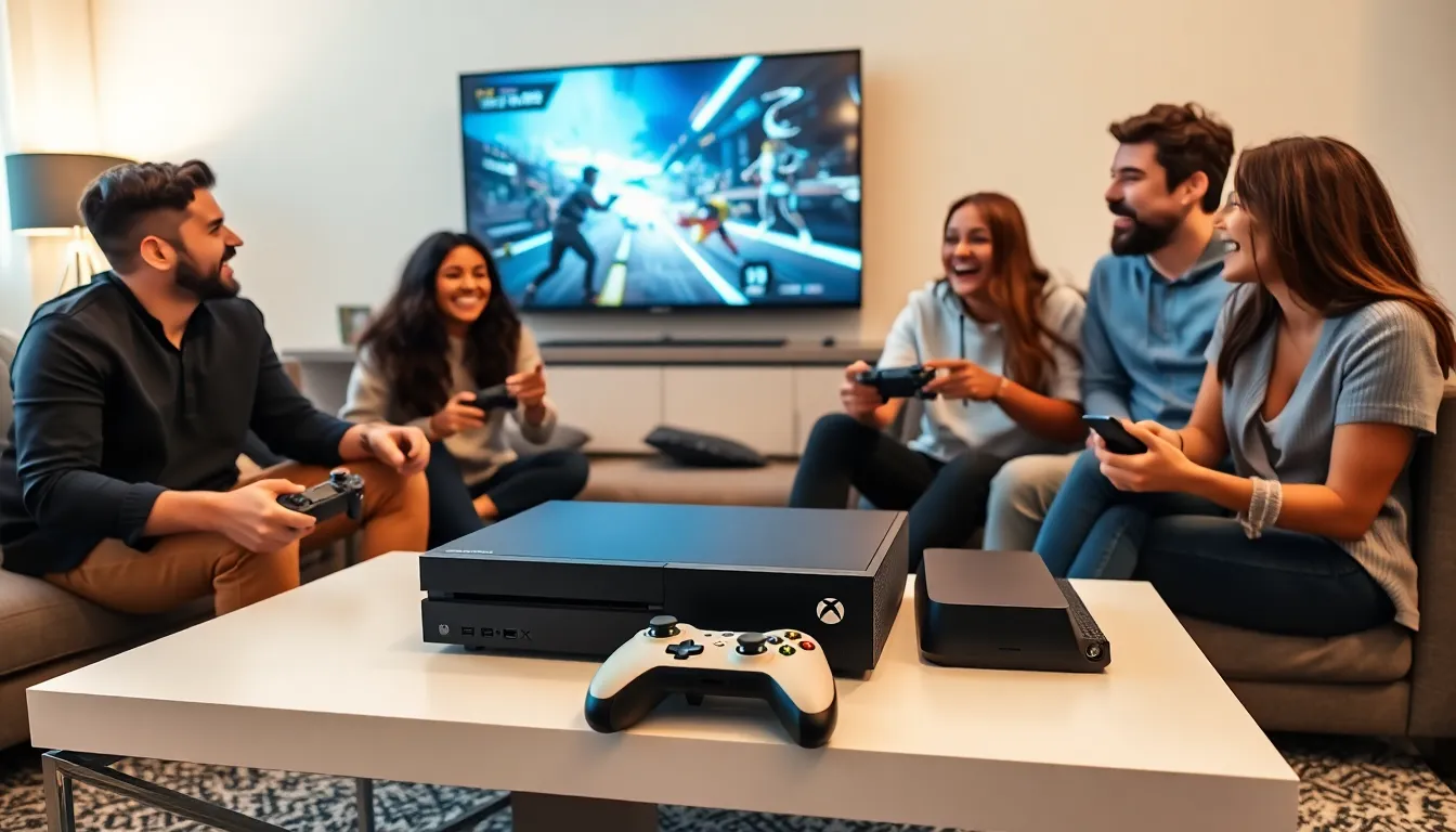 diverse friends enjoying gaming together with Xbox in a modern living room.