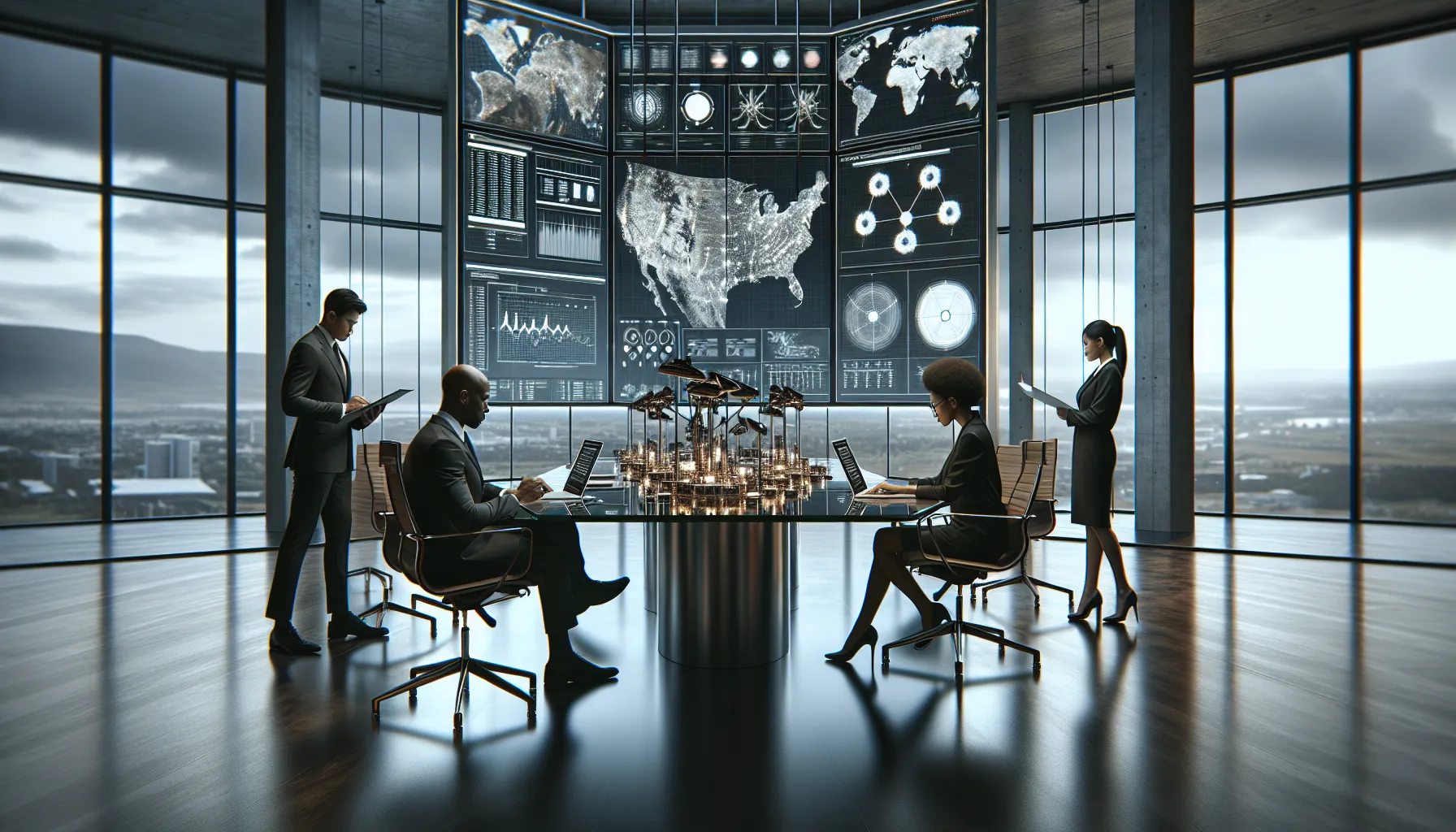 diverse team collaborating in a modern office focused on nuclear detection.