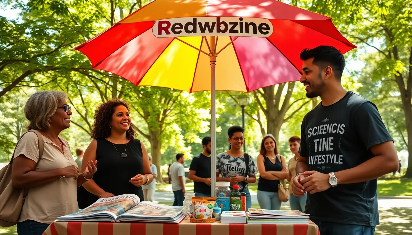 A diverse group of people discussing science and lifestyle under a Redwebzine umbrella.