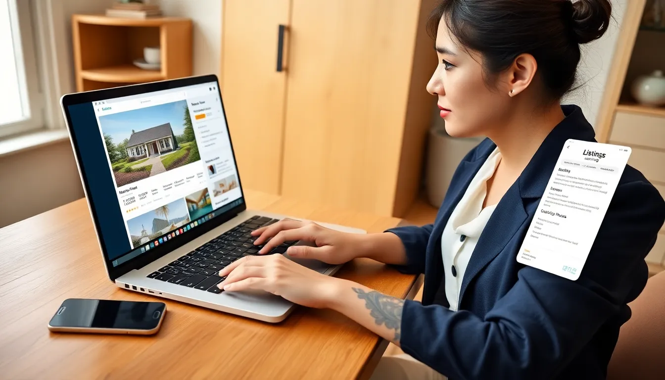 Person comparing real estate, product, job, and directory listings on a laptop.