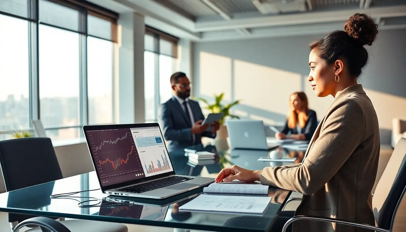 diverse professionals collaborating remotely in a modern fintech office.