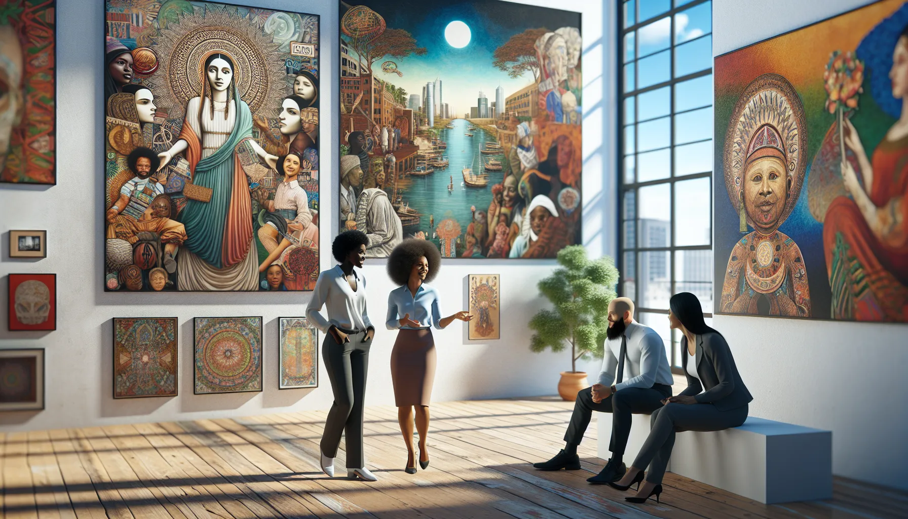 professionals discussing art in a modern gallery setting.