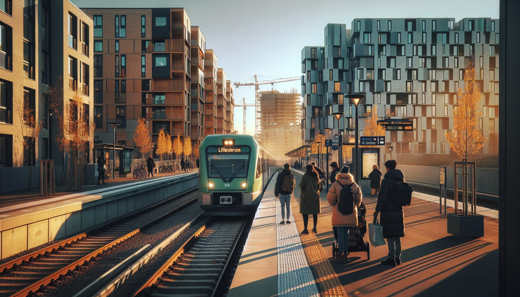 Commuters at lillestrøm station with new apartments and cranes at sunset.