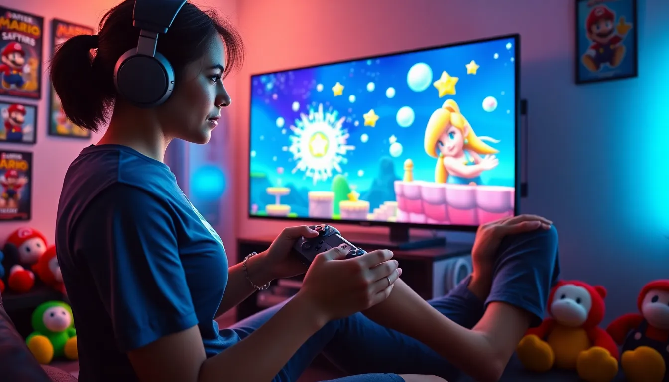 A gamer focused on Rosalina in a colorful 4D game environment.