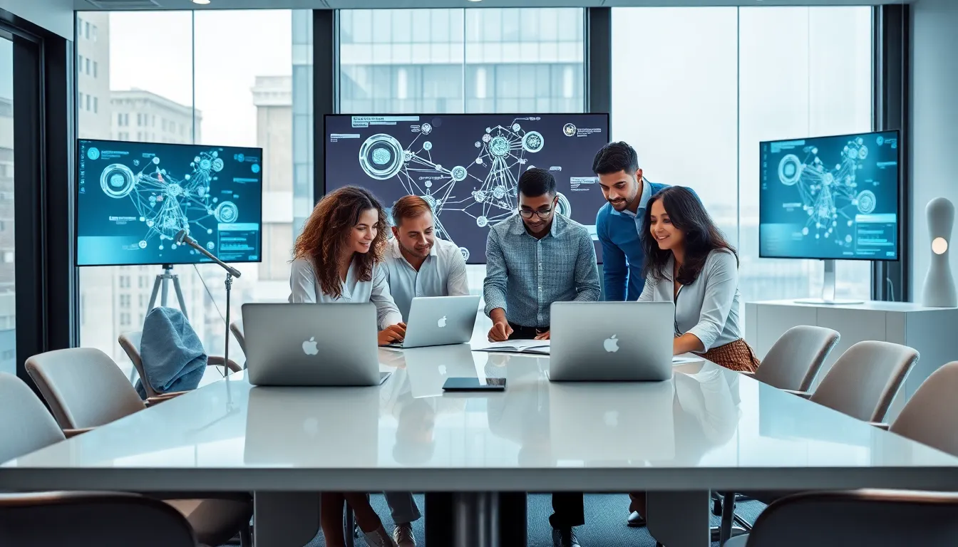 diverse team collaborating in a modern office over digital data.