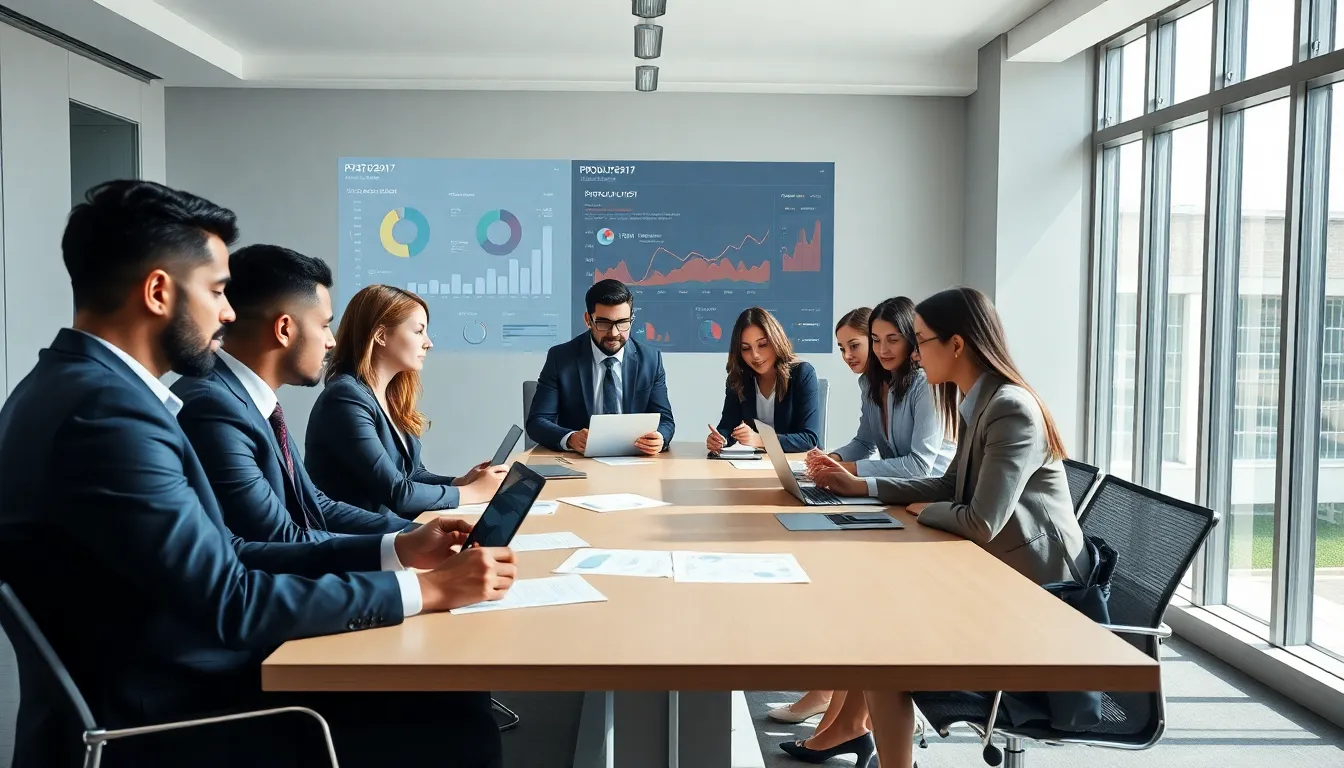 diverse team analyzing data in a modern office.