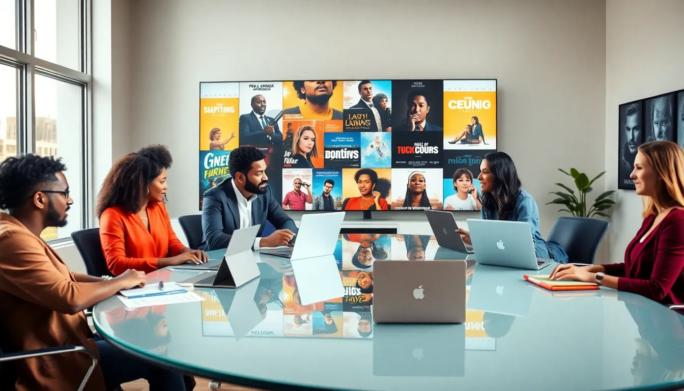 diverse professionals discussing film in a modern office setting.