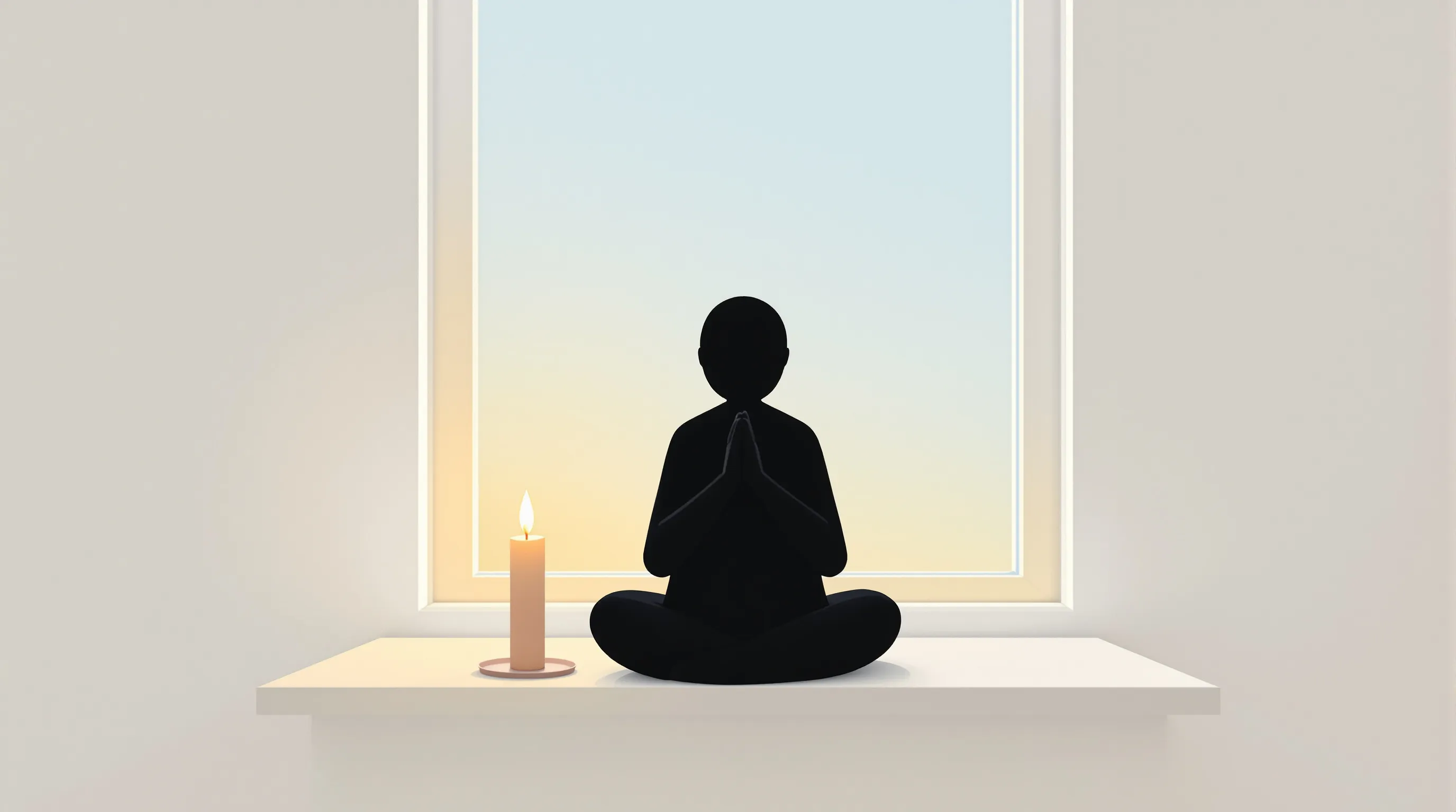 a person praying by a window with a lit candle at dawn