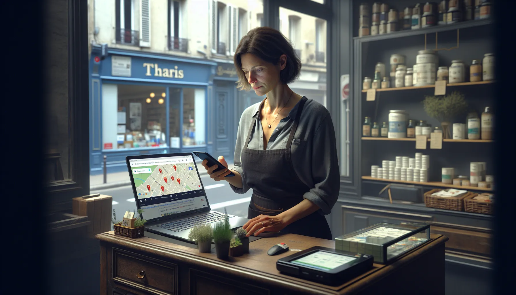 Small Thiais shop owner checking Google local results as a customer call arrives.