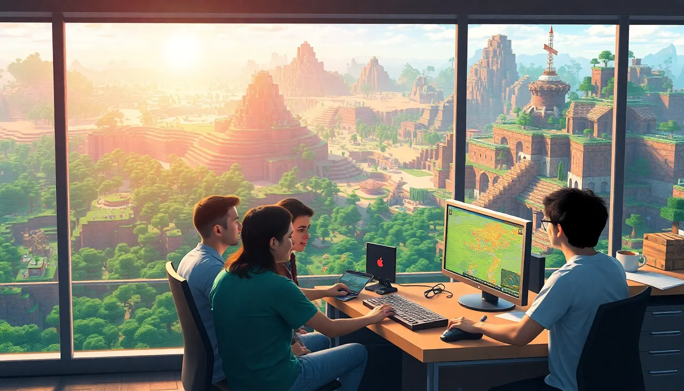 diverse gamers collaborating on Minecraft modding in a vibrant landscape.