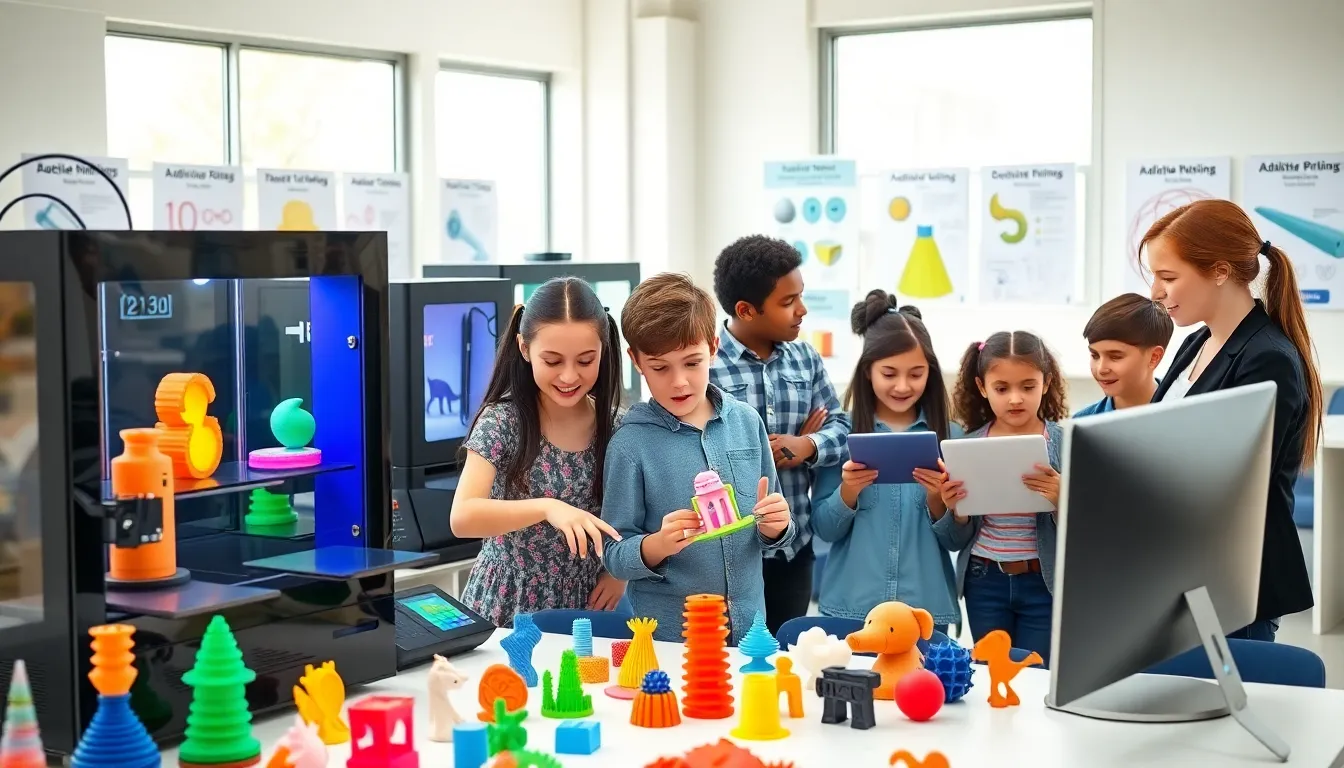 children engaged in a 3D printing camp in a modern classroom.
