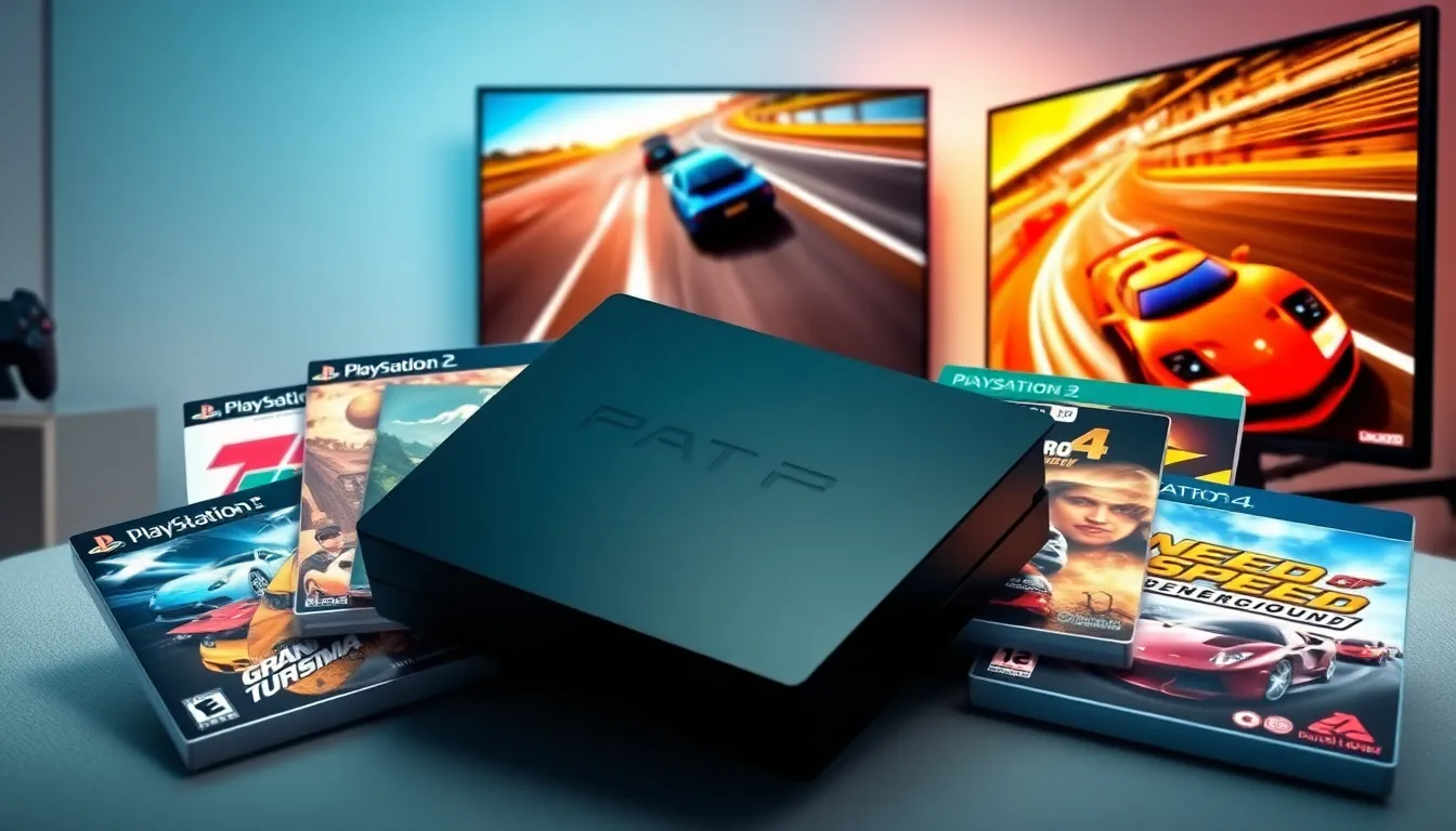 collage of iconic PS2 racing game covers with a PS2 console.