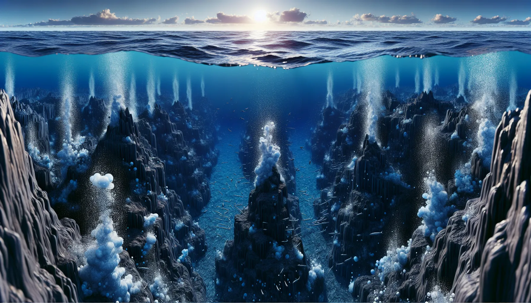 an underwater view of an active mid-ocean ridge with volcanic formation.